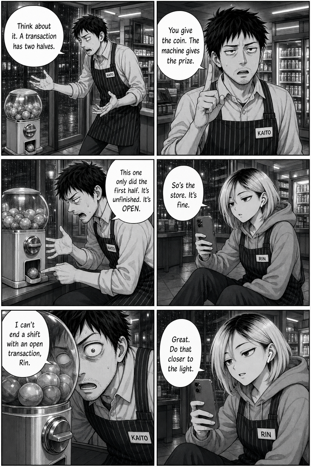 A six-panel spiral: Kaito rants that the jammed capsule is an unfinished transaction while Rin films from the floor and tells him to do it closer to the light.