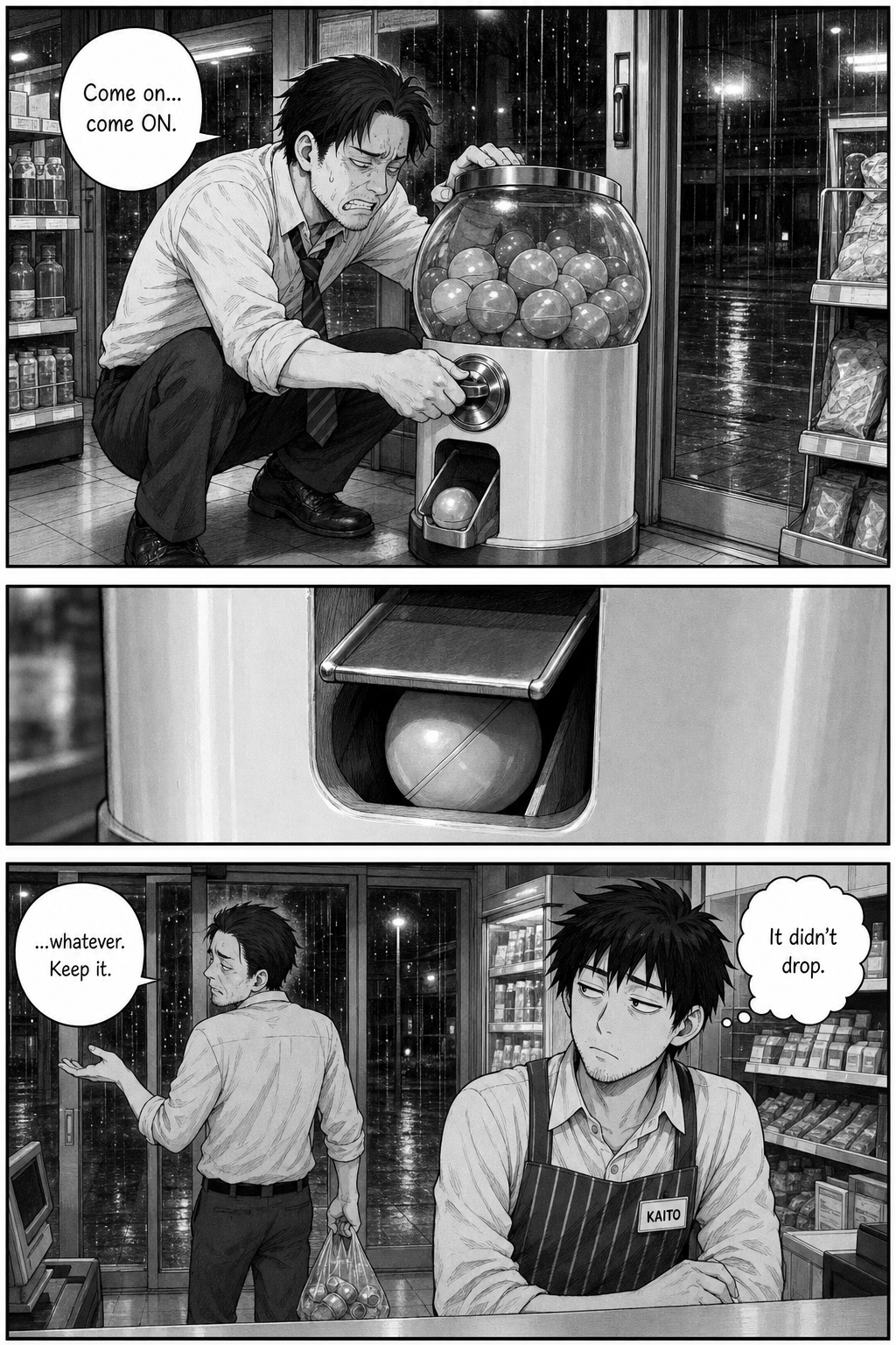 A departing customer cranks the capsule machine; a close-up shows one capsule jammed in the chute; the customer shrugs off and leaves as Kaito notices.