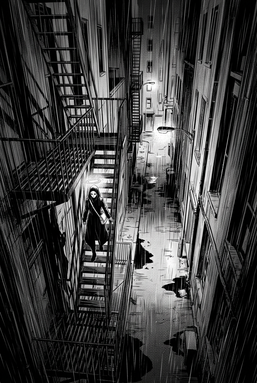 The courier descends a wet iron fire-escape into a narrow amber-lit alley, her small hooded silhouette dwarfed by tall rain-streaked buildings.
