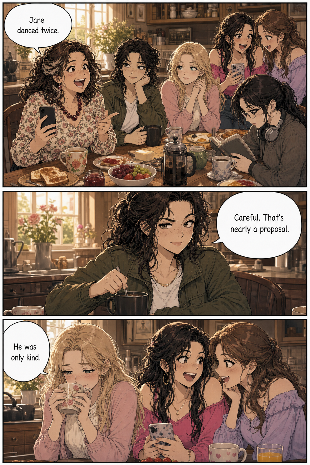 The Bennet family crowd around a warm breakfast table the morning after the assembly while Lizzie jokes and Jane blushes into her mug.