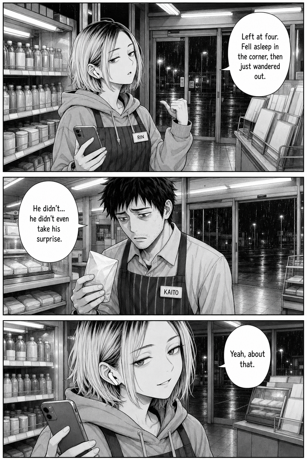 Rin says the regular left at four; Kaito realizes the man never took his surprise, and Rin says "yeah, about that."