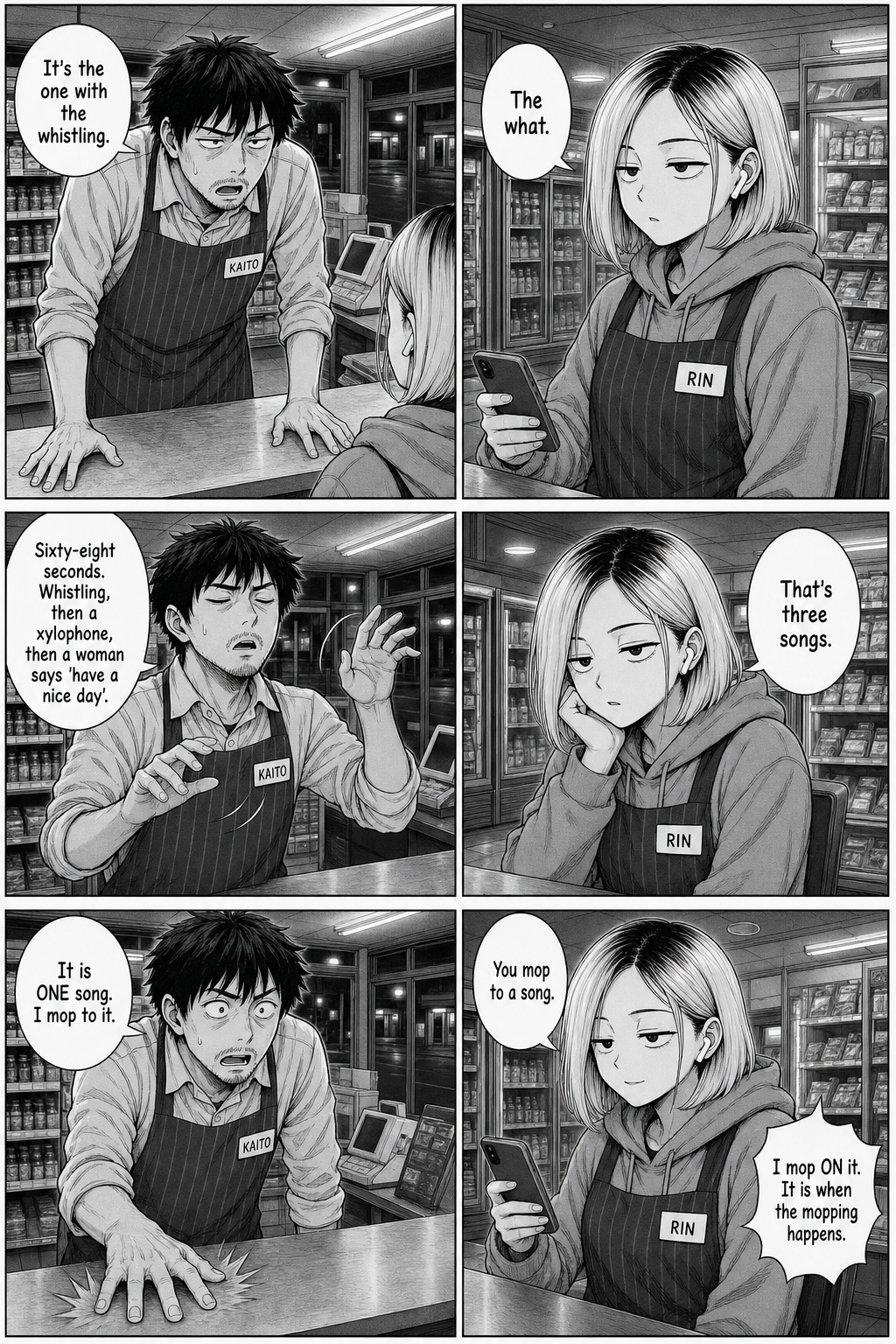 Six panels. Kaito leans across the counter describing the missing song in obsessive detail while Rin picks his description apart.