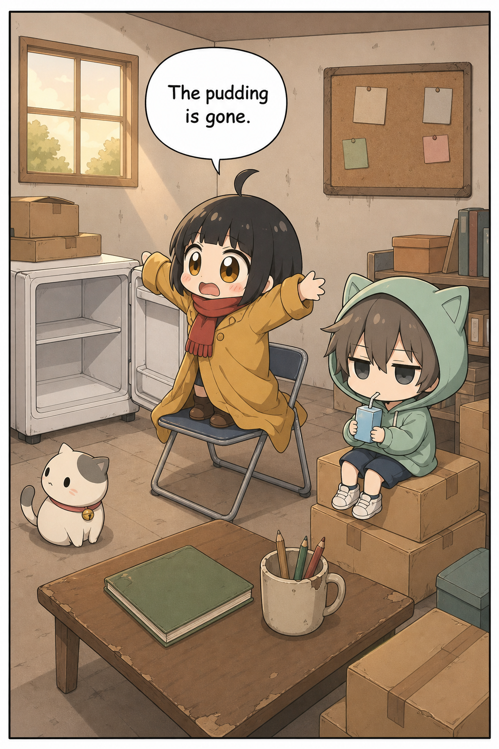 Wide view of a small cluttered clubroom. A chibi girl in an oversized mustard-yellow coat stands on a folding chair with her arms flung wide in front of an open, completely empty mini-fridge, while a chibi boy in a mint-green cat-ear hoodie sits on cardboard boxes drinking a juice box. A small white cat sits on the floor.