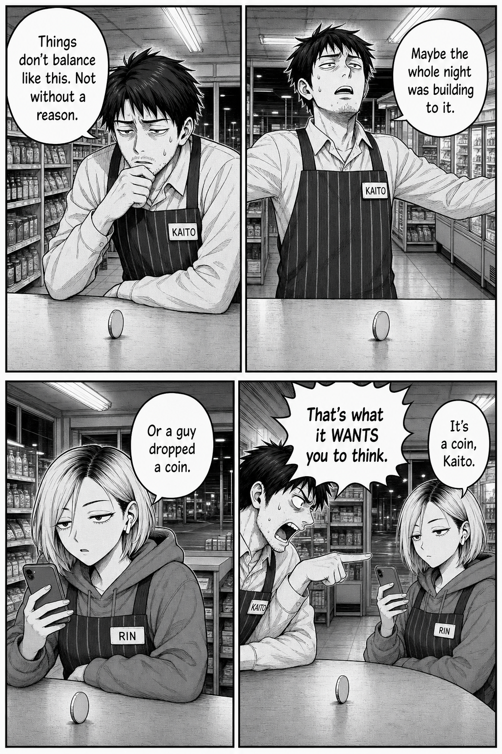Four panels: Kaito spirals about the coin being an omen while Rin flatly insists a guy just dropped a coin.