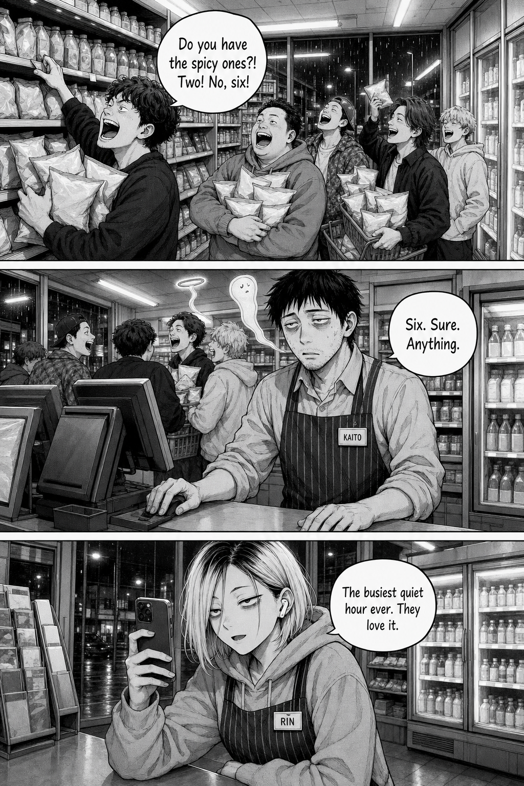 Three panels: the karaoke group swarms the aisles grabbing snacks; Kaito rings them up on autopilot with his soul leaving his body; Rin films, flat but delighted, calling it the busiest quiet hour ever.