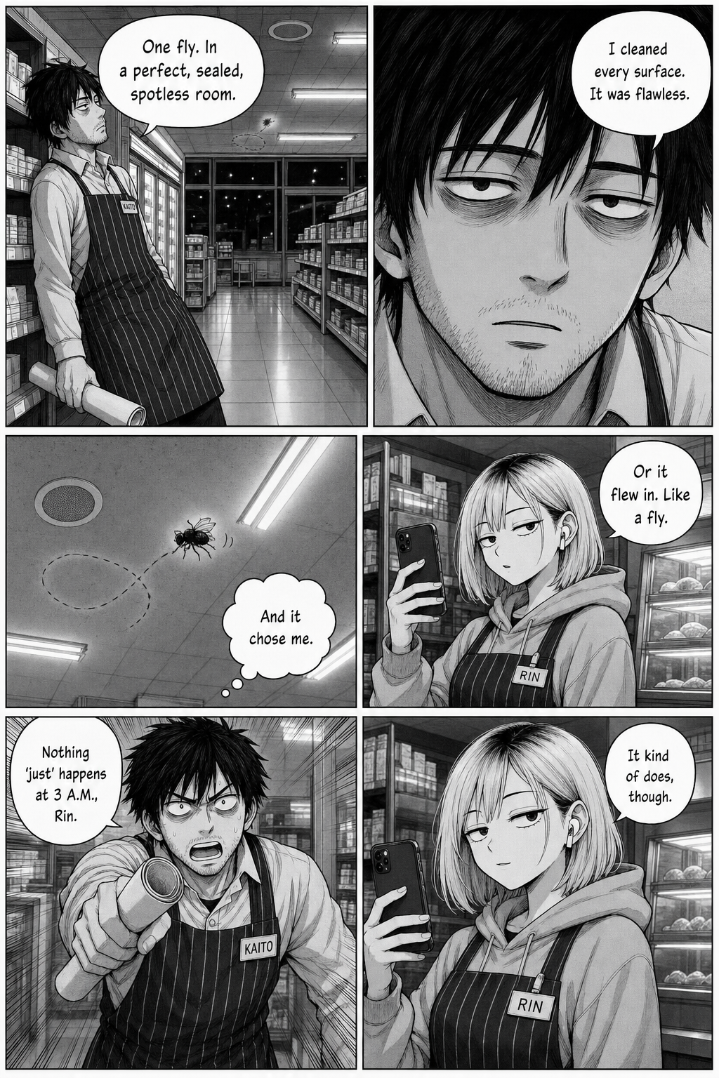 Kaito slumps against a shelf delivering an existential monologue about the one fly in his perfect store; Rin flatly notes it just flew in.