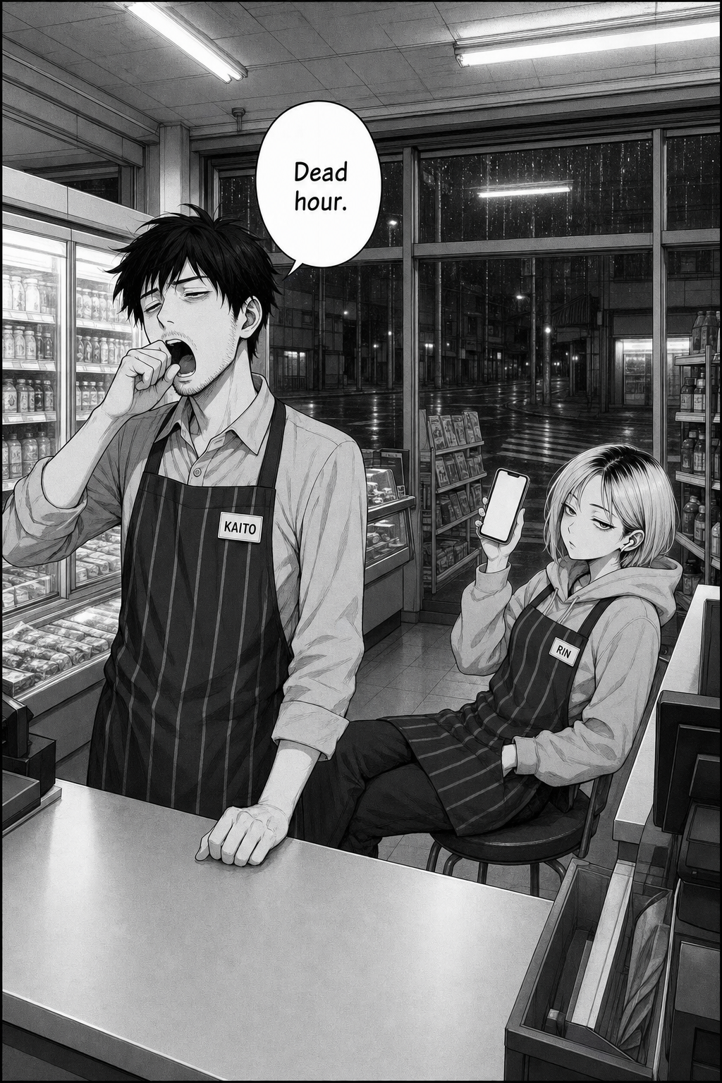 Wide establishing shot of an empty 24-hour convenience store at 3 A.M. under buzzing fluorescent lights, rain on the dark windows. Kaito, the tired clerk in a striped apron, yawns behind the register while Rin sits on a stool holding up her phone. The counter is bare.