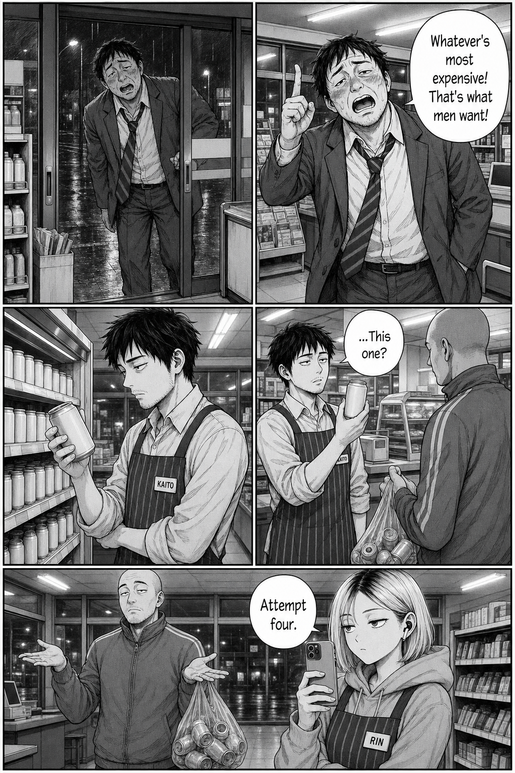 A drunk salaryman shouts advice; Kaito offers a can to the regular — attempt four — and gets the same shrug.