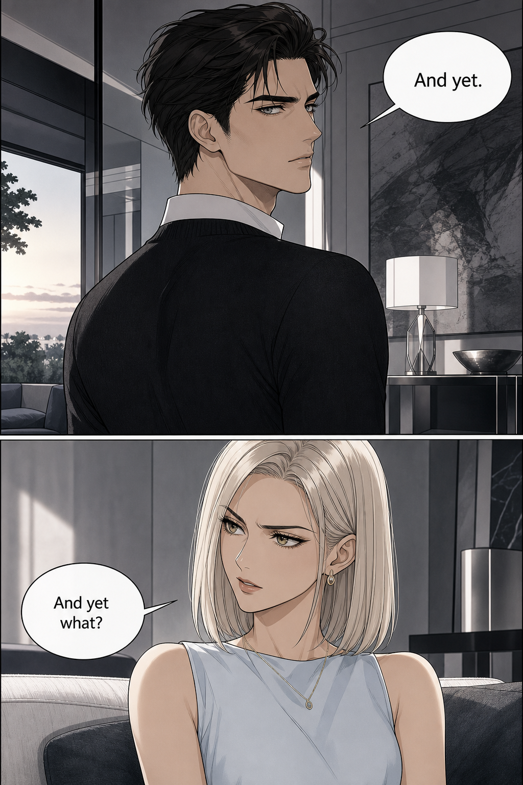 Darcy, eyes still on the doorway, gives a cool two-word answer; below, Caroline's polite smile tightens.