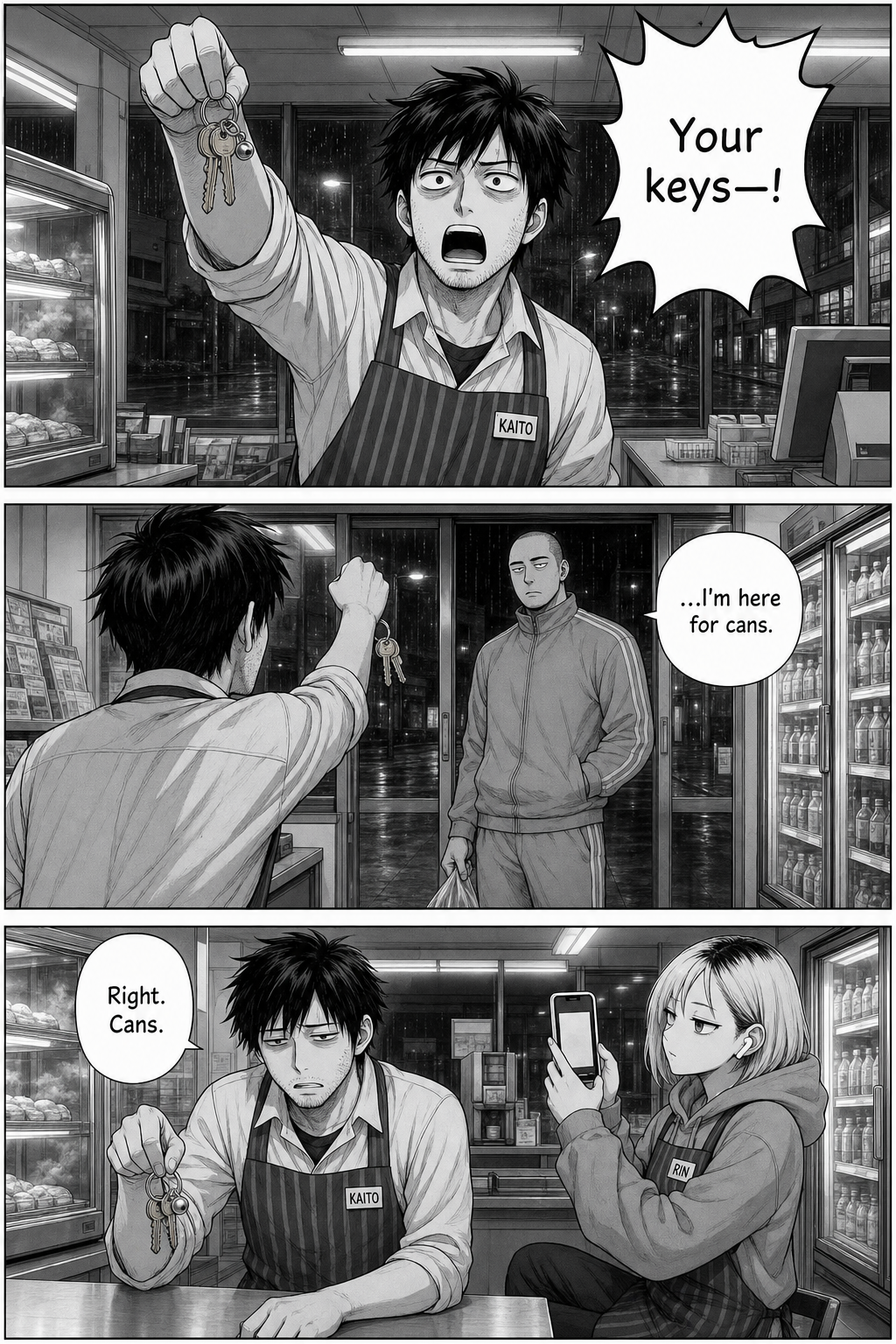 Three panels: the doors ding and Kaito springs up brandishing the keyring overhead shouting "Your keys—!"; it is only the tall shaved-headed regular in a grey tracksuit carrying a bag of empty cans, who says he is here for cans; Kaito lowers the keyring, deflated, as Rin films.
