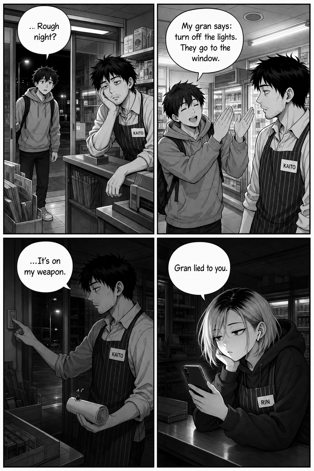 A university student suggests turning off the lights to send the fly to the window; Kaito tries it but the fly sits on his flyer; Rin says gran lied.