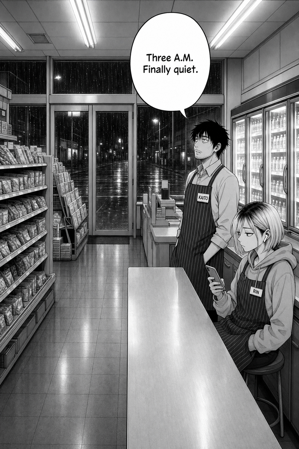Wide night view down the aisles of a 24-hour convenience store; Kaito stands at the counter while Rin sits beside him on a stool looking at her phone, rain on the glass doors behind them.