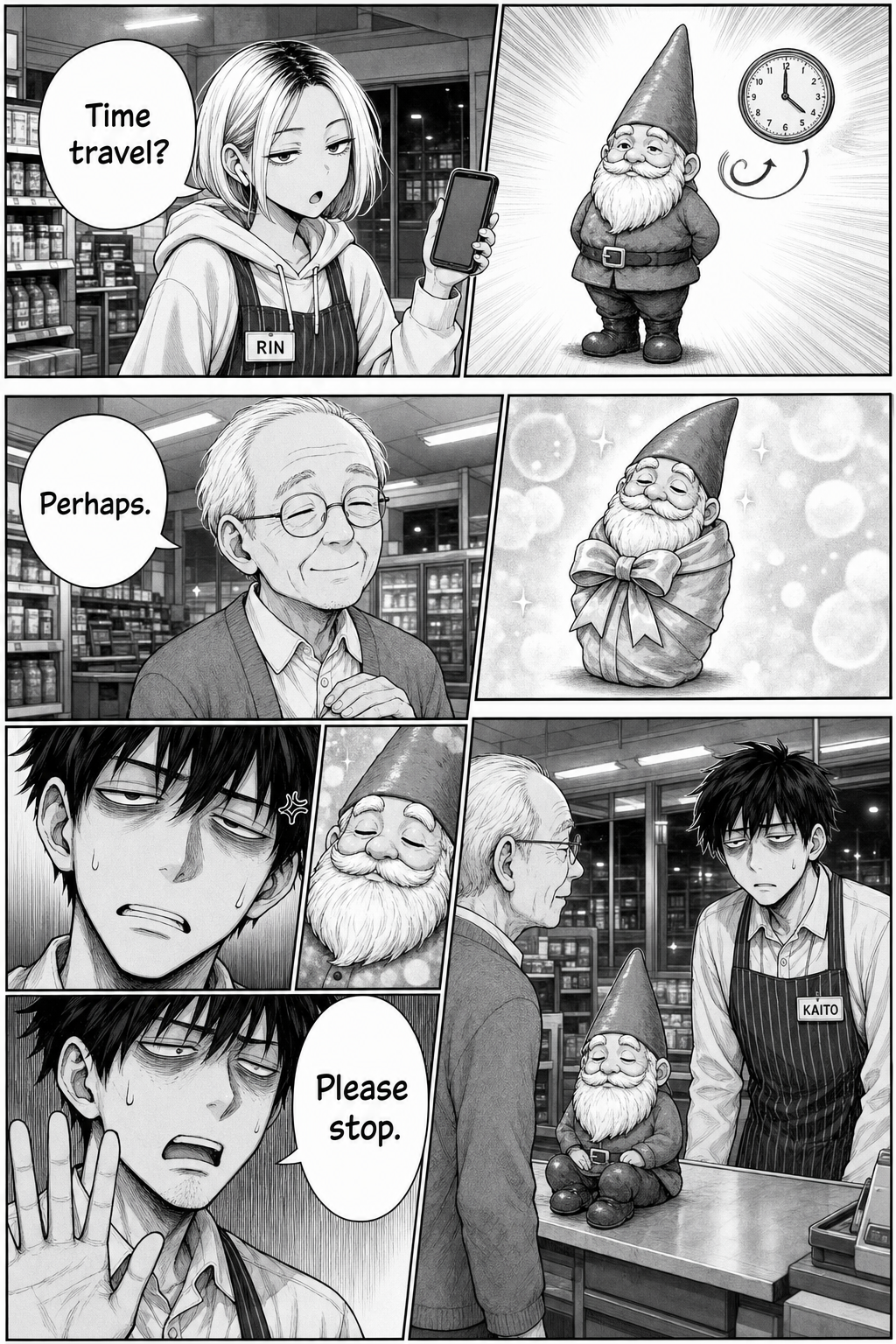 Dense manga page: Rin lobs absurd theories about the gnome (with small imagined insets of it beside a clock and wrapped as a gift), the old man agreeably nods along, and Kaito's eye twitches.