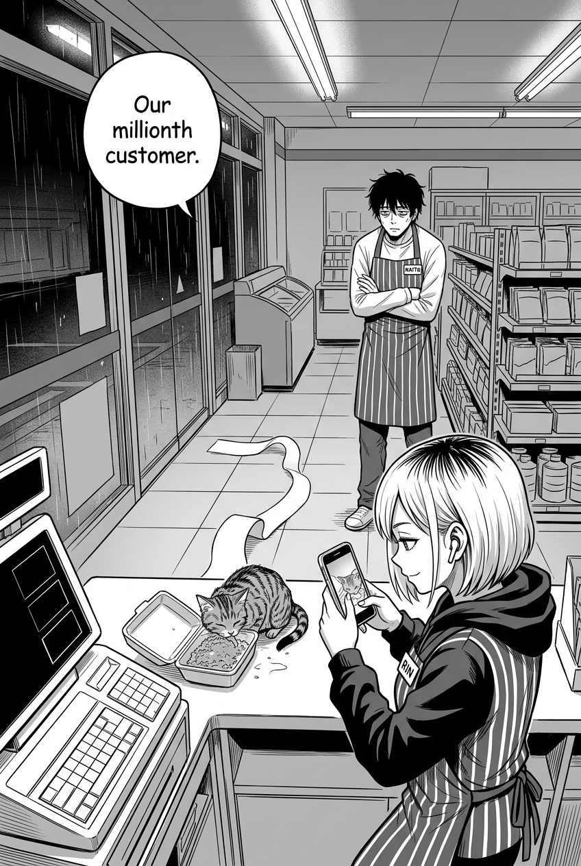 Wide shot mirroring page one, from behind the register. The soaked stray cat now sits on the counter eating from an open food container, the abandoned receipt curled on the floor. Kaito slumps empty-handed in the background while Rin films the cat with a tiny smirk.