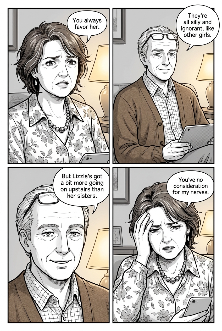 Four panels: Mrs. Bennet's real grievance surfacing; Mr. Bennet unbothered and almost fond; his fondness for Lizzie breaking through; and Mrs. Bennet wounded, a hand to her temple.