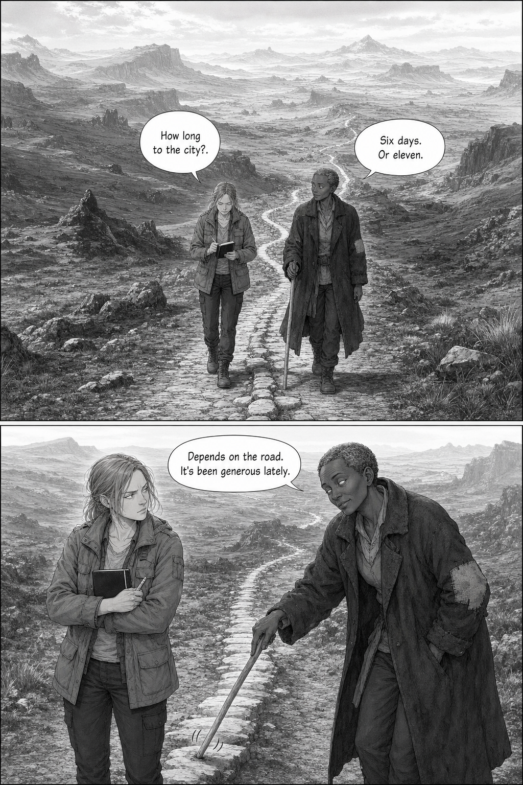 Merel and Adai walk along the stone-spined road through vast hills while Adai listens to the road with her stick and Merel watches in offended disbelief.