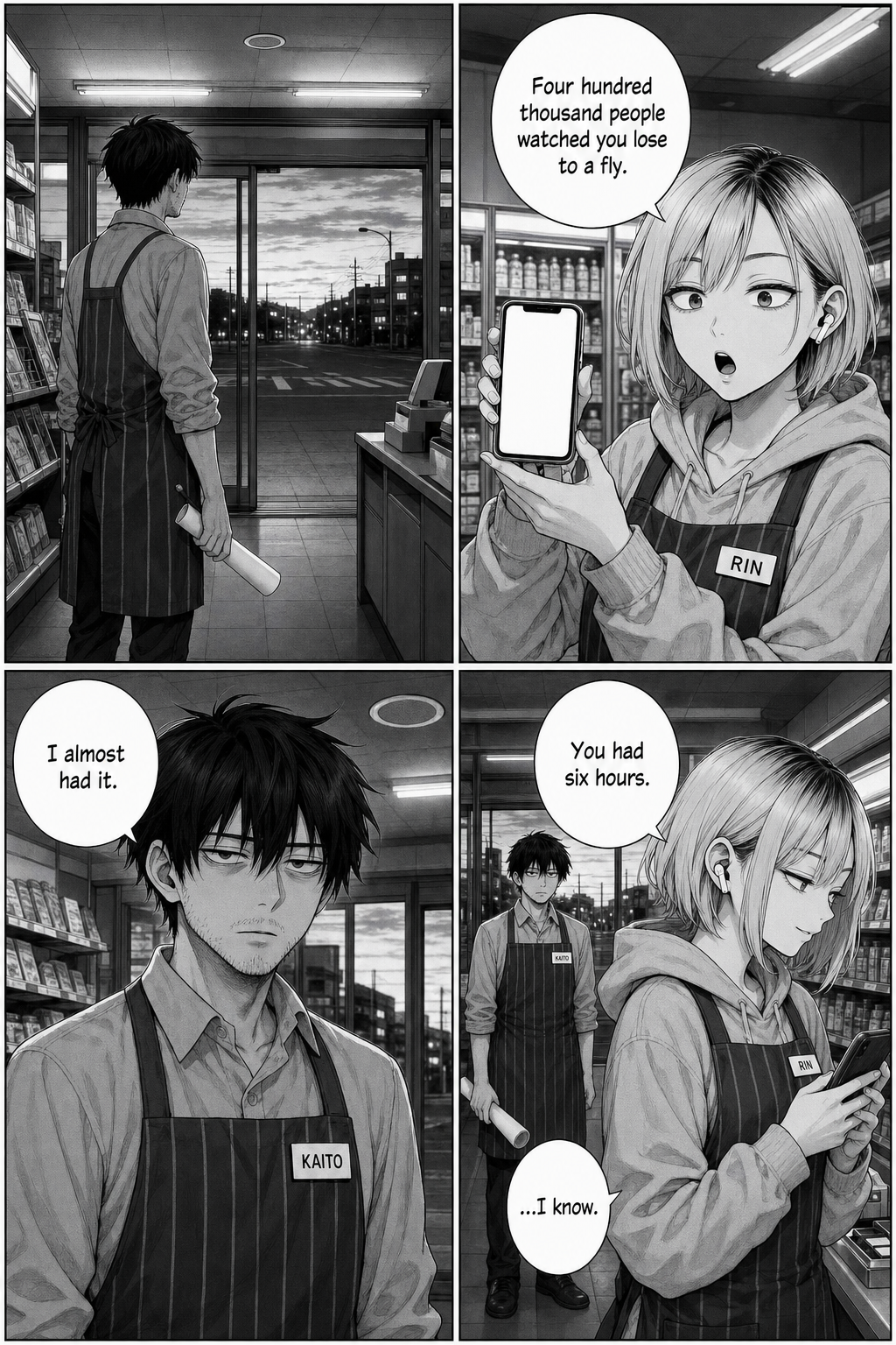 Kaito stares hollowly out the open doors; Rin shows him her phone and says 400,000 people watched him lose to a fly.