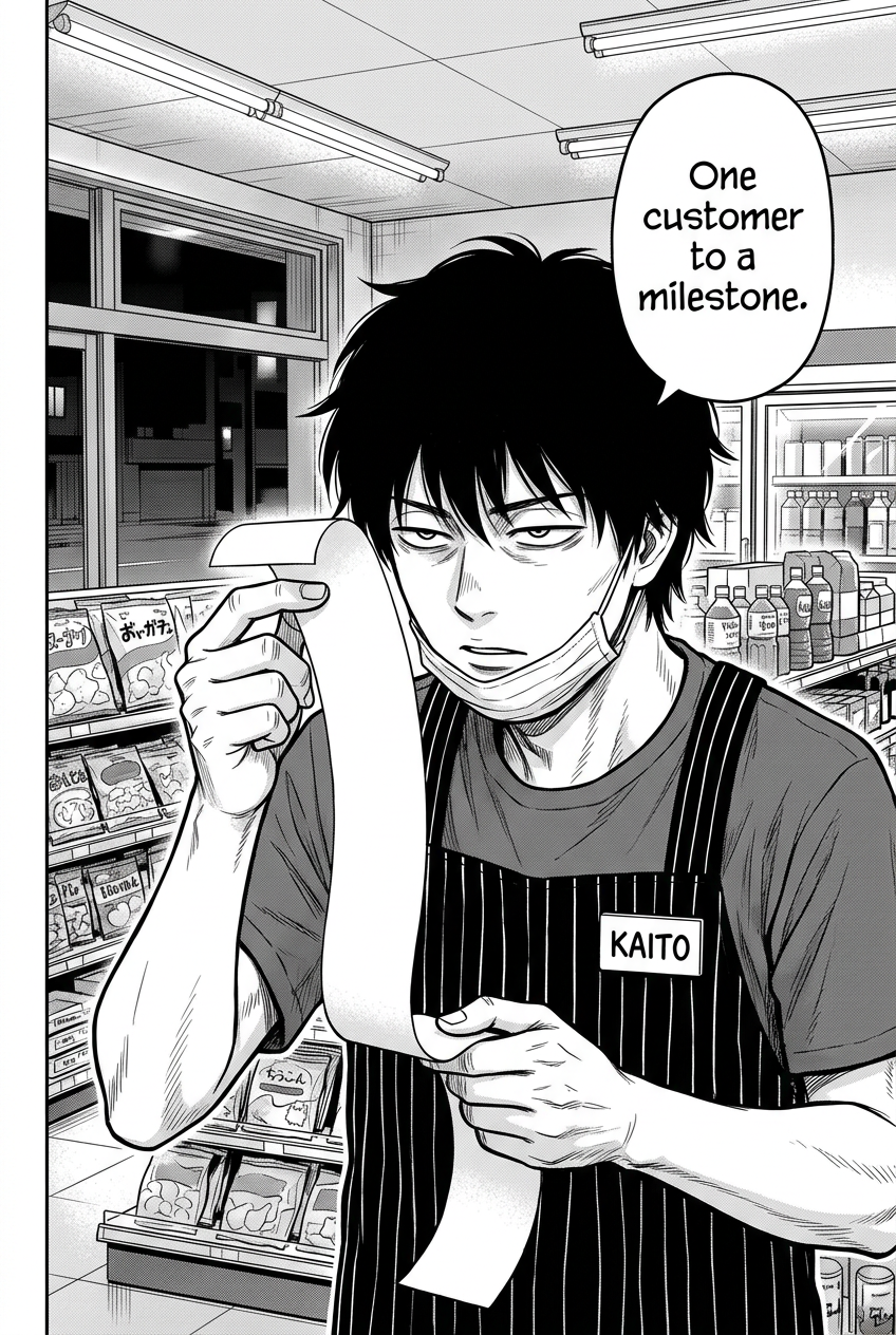 Medium close-up of Kaito holding the long blank receipt up close to his face, eyes narrowed with sudden intense focus. Store shelves blur behind him.