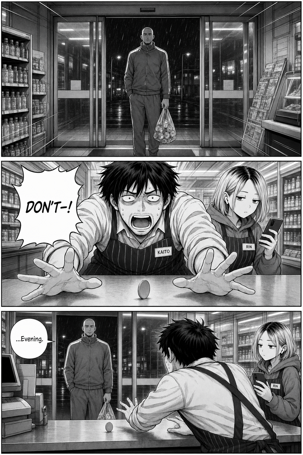 Three panels: the sliding doors open on a figure, Kaito flings himself over the coin shouting "DON'T—!", and it's only the tracksuit regular with a bag of cans.
