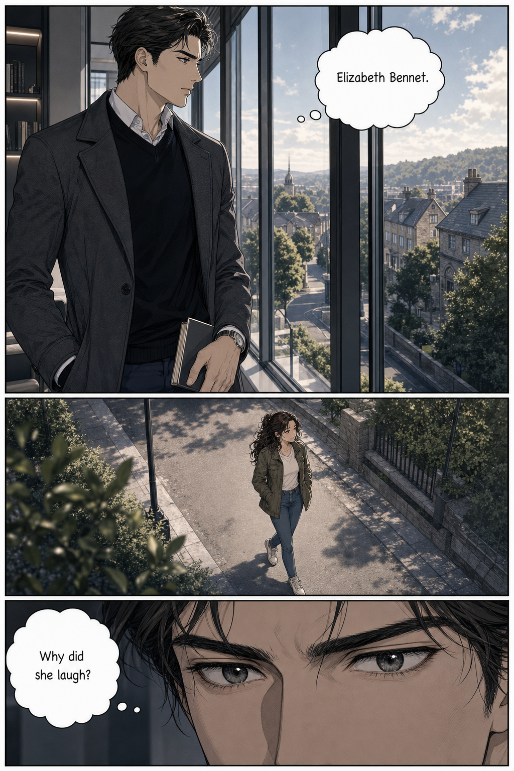 Darcy stands alone at a high Netherfield window, watching Lizzie walk far below and realizing her laughter has unsettled him.