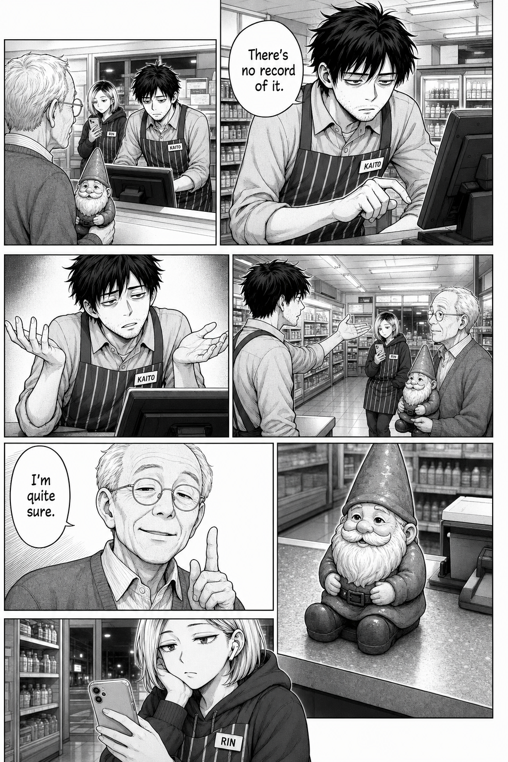 Multi-panel manga page: Kaito checks the register computer, finds no record of the gnome, and gestures around the store to explain, but the old man calmly shakes his head, still certain.