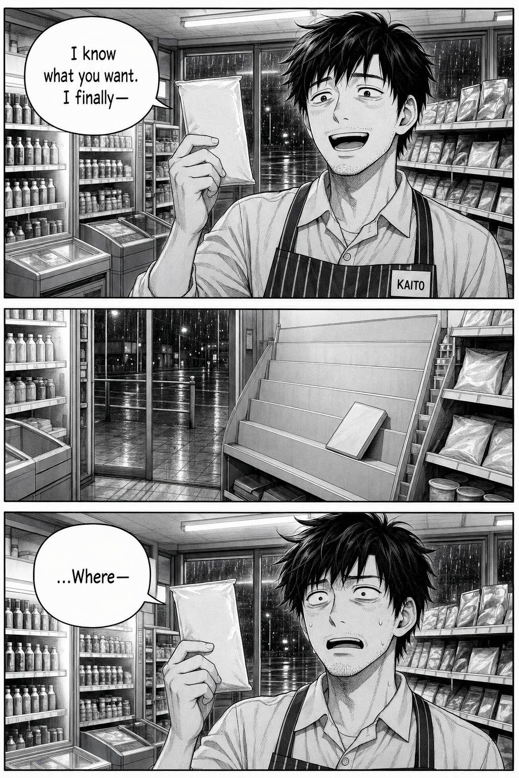 Beaming, Kaito turns to present his choice — but the magazine corner is empty and his smile cracks.