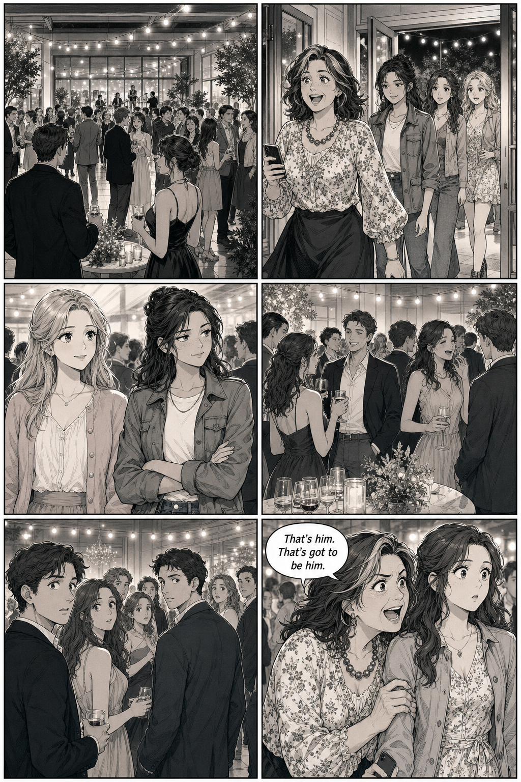 The Bennet family arrives at a bright modern party venue strung with lights. Jane and Lizzie take in the buzzing crowd, then heads turn toward the entrance and Mrs. Bennet grips Kitty's arm in excitement.