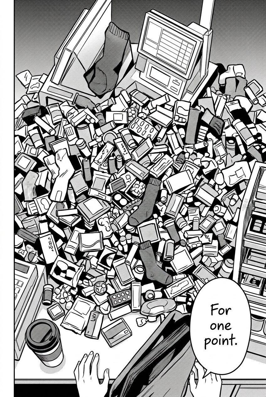 Full-page overhead shot of the register counter buried under a mountain of tiny purchases — candy, gum, batteries, socks — with a hand and coffee cup at the edge.