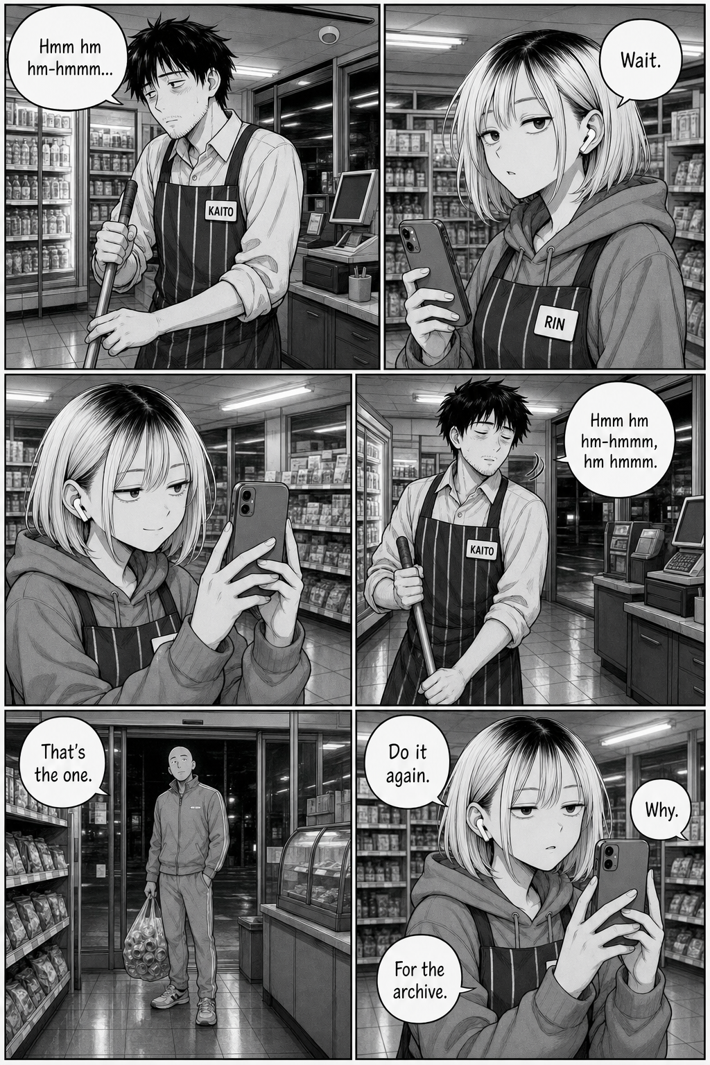 Six panels. Kaito hums the missing song to preserve it. Rin quietly starts recording; the tracksuit man stops by the door to listen.