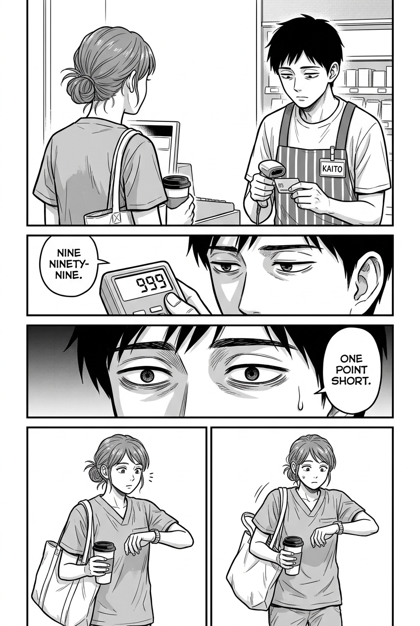 Four panels: Kaito scans the nurse's loyalty card, the reader shows 999 points, his eyes widen with dread, and the nurse checks her watch, confused.