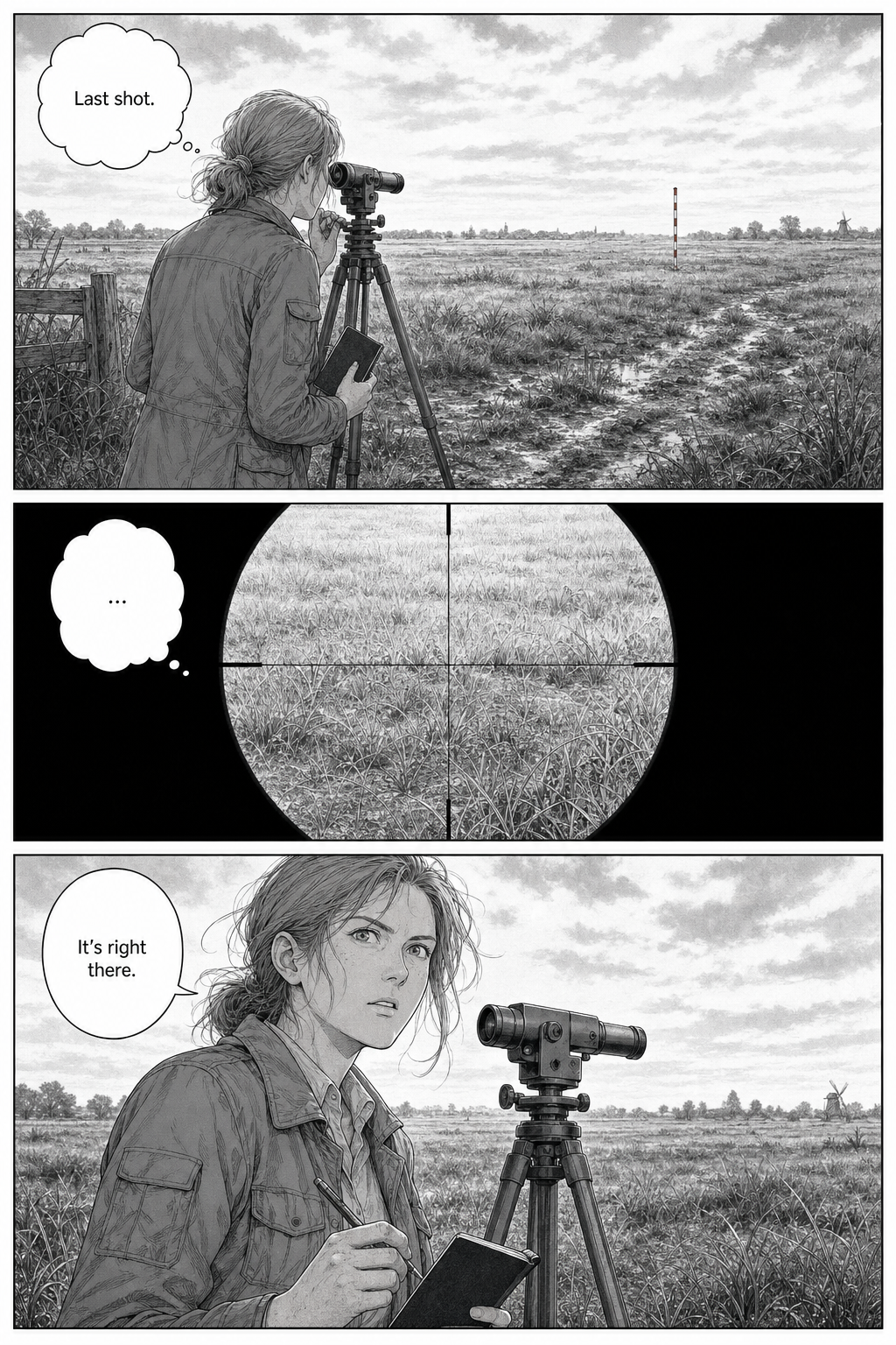 A view over Merel's shoulder toward a distant striped surveying pole, then a circular telescope view showing crosshairs centred on empty grass where the pole should be, and Merel lifting her head in confusion.