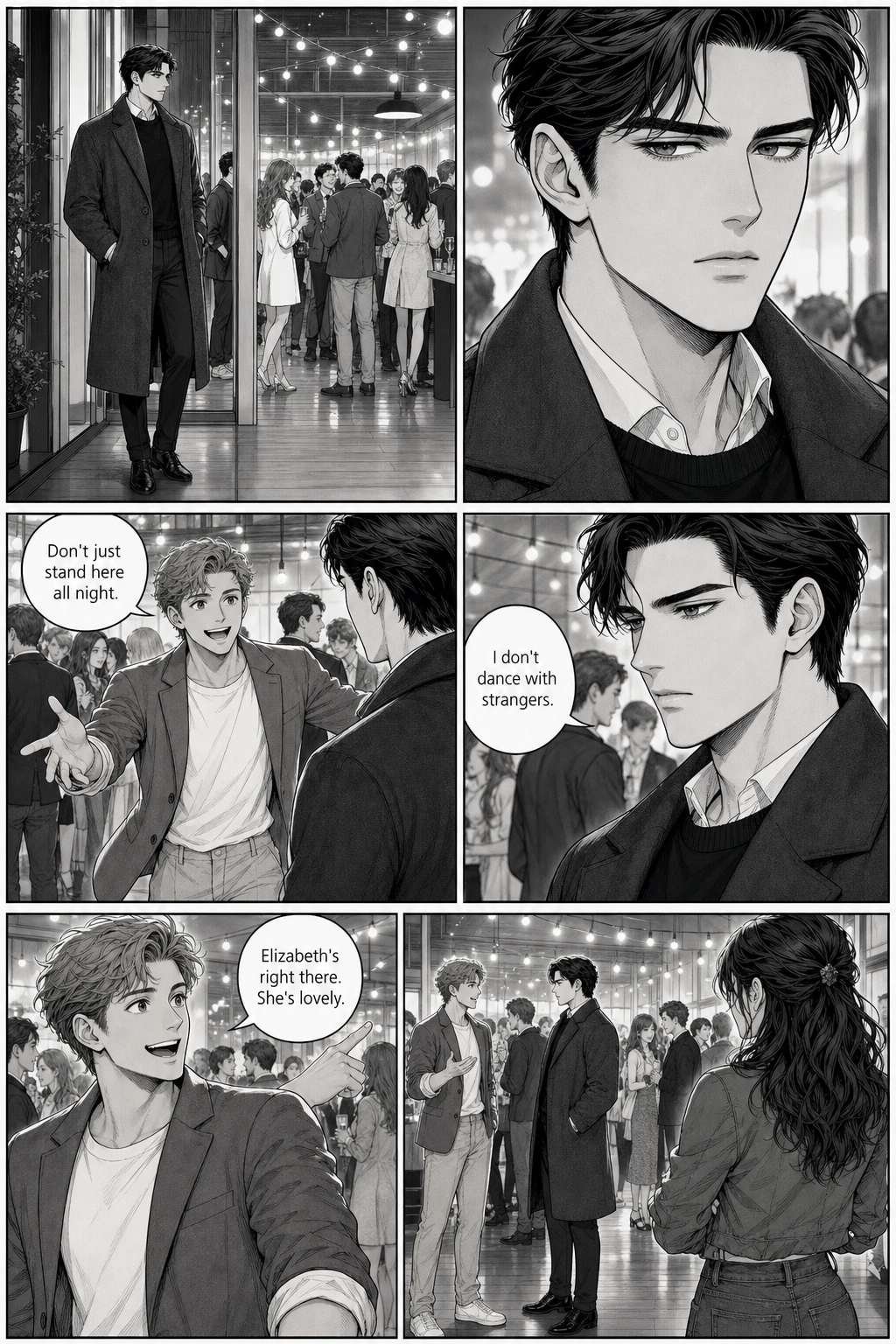 Darcy stands alone at the edge of the party until Bingley bounds over to urge him to join in. Darcy refuses, and Bingley points out Elizabeth across the room — while Lizzie stands just a few steps away, within earshot and unnoticed.