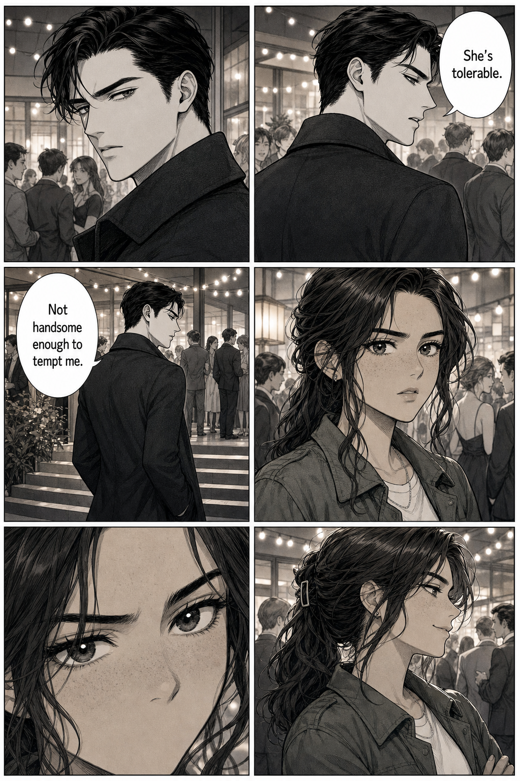 Darcy glances at Lizzie for a single cold second and dismisses her as merely tolerable, not handsome enough to tempt him. Lizzie, standing close enough to hear every word, takes it in — and her expression hardens into something sharper than hurt.