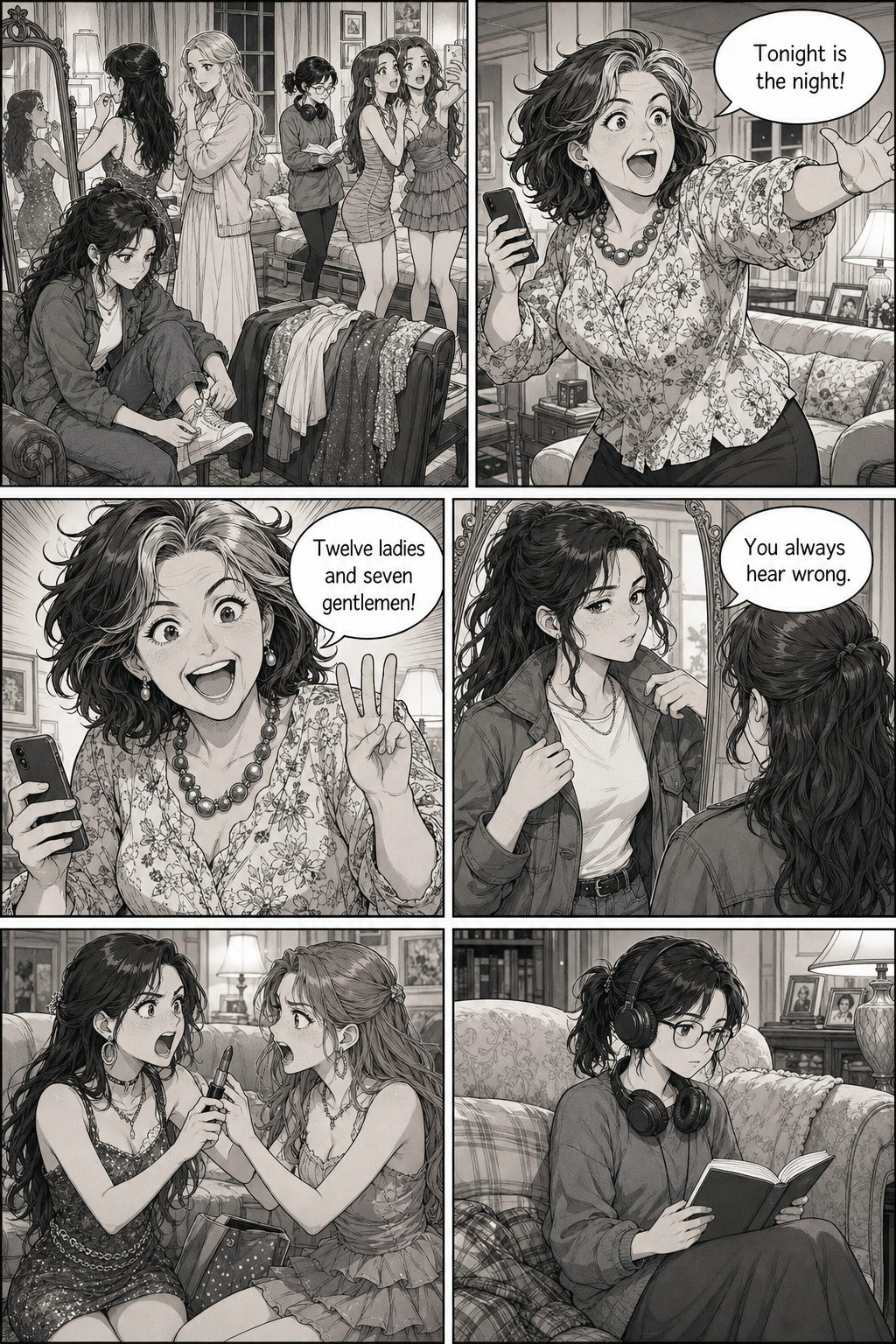 The Bennet living room in evening chaos as the sisters get ready for a party — dresses over chairs, a standing mirror, Mrs. Bennet directing everyone with her phone in hand, Lizzie unimpressed at the mirror, Lydia and Kitty squabbling, and Mary reading with headphones on.