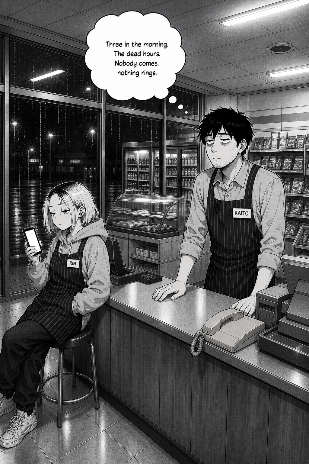 Wide night shot inside a 24-hour convenience store; tired clerk Kaito stands behind the counter beside a beige landline phone while Rin sits on a stool with her phone, rain on the windows.