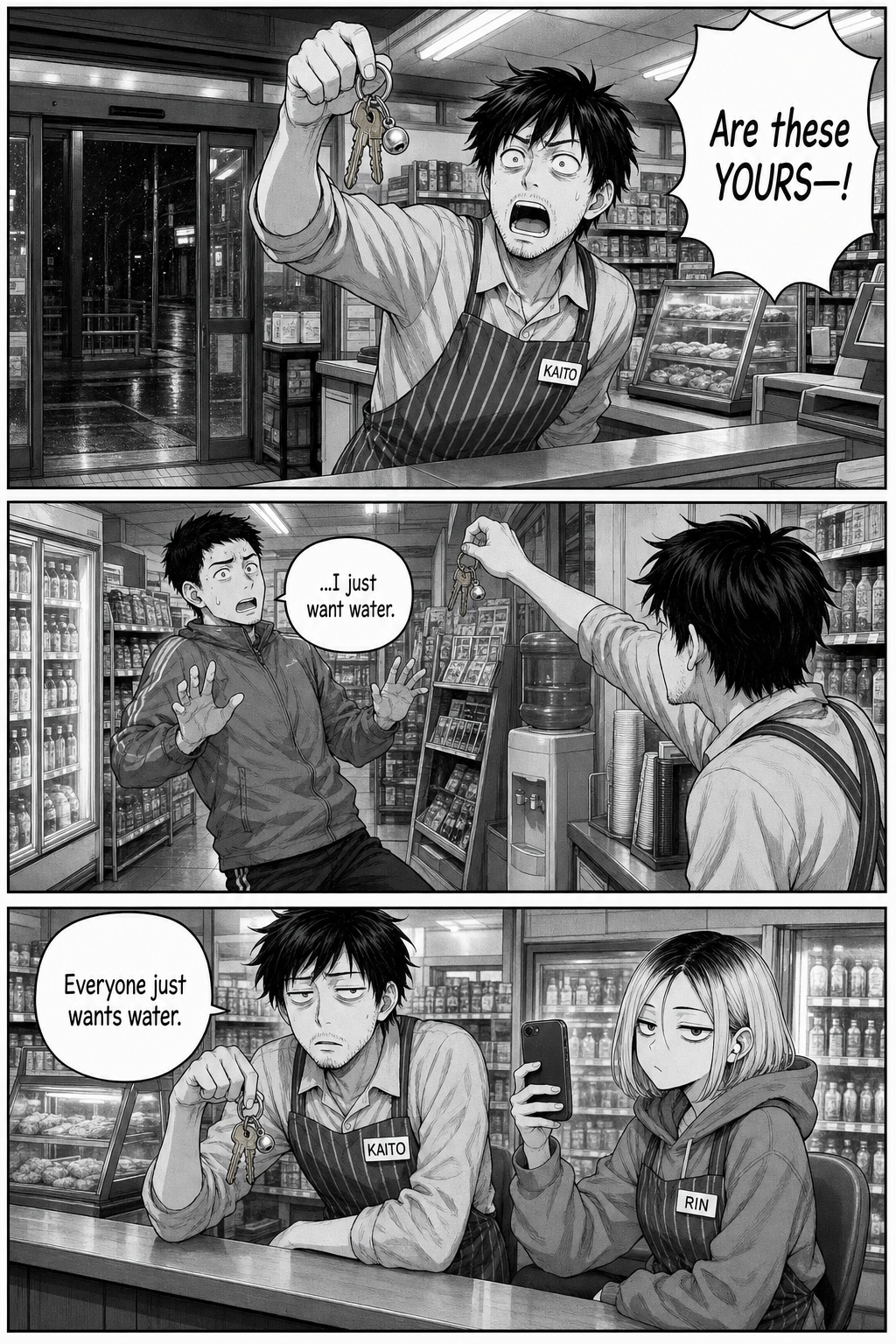 Three panels: the doors ding and Kaito springs up brandishing the keyring, shouting "Are these YOURS—!"; a jogger in a damp windbreaker recoils and says he just wants water; Kaito lowers the keyring, hollow, muttering that everyone just wants water, as Rin films.