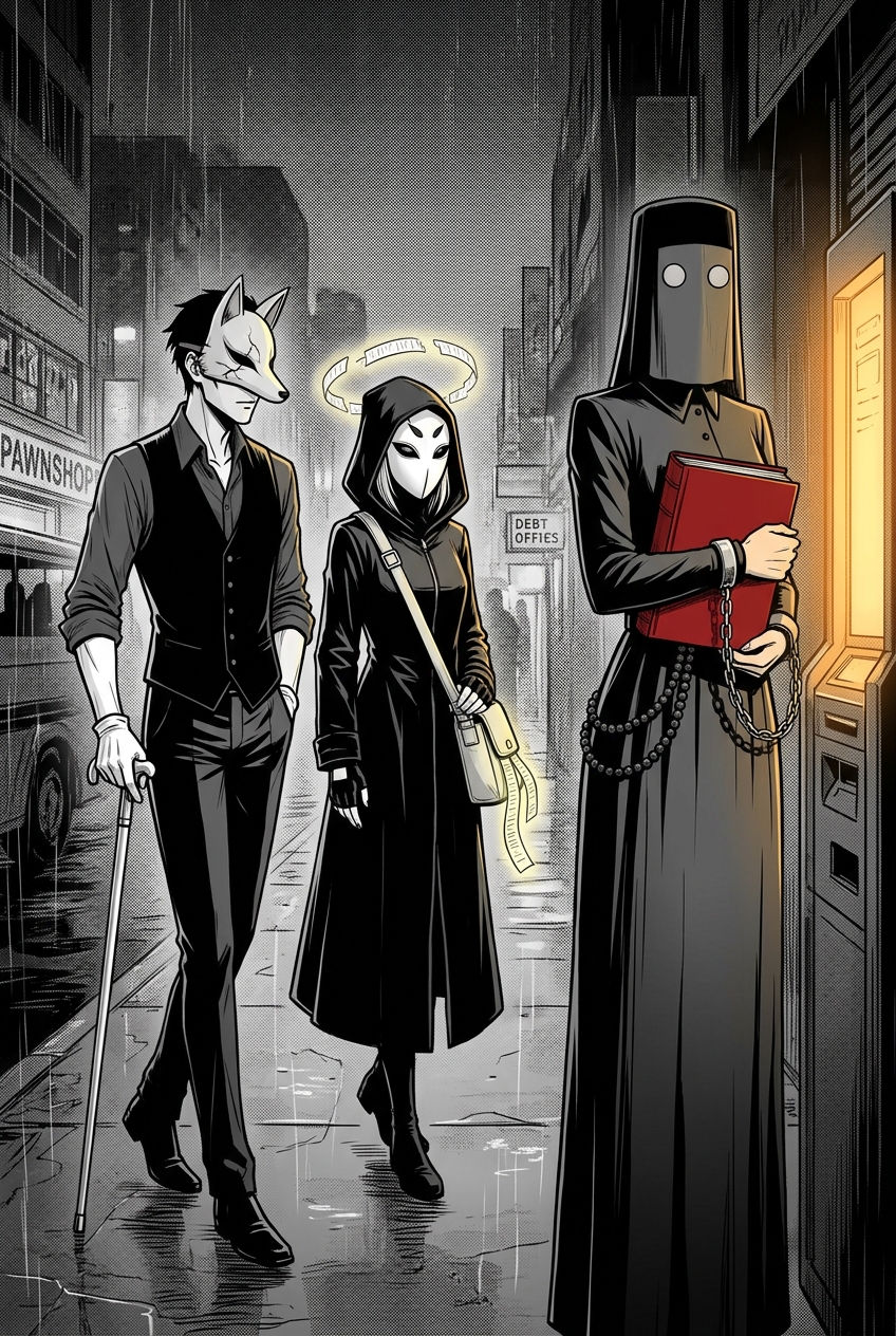 The fox-visored man leads the masked courier toward a glowing supernatural kiosk in the rain where the tall veiled Mother Ledger waits, a red ledger chained to her wrist.