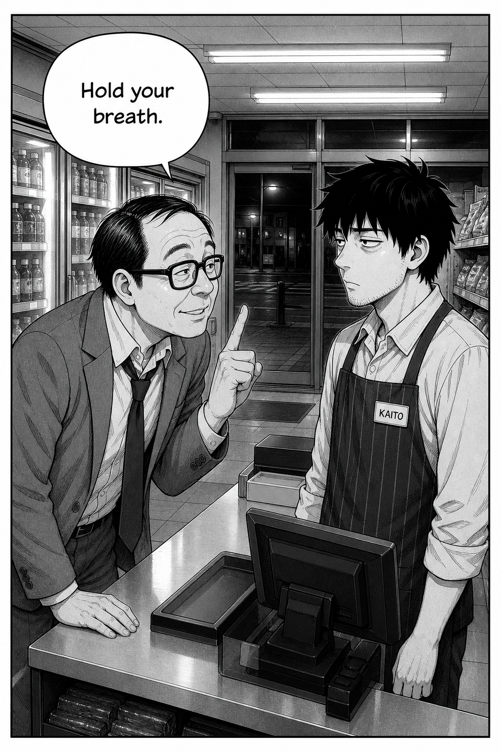 A salaryman in a rumpled grey suit and square glasses leans over the counter, one finger raised, advising a deadpan Kaito.