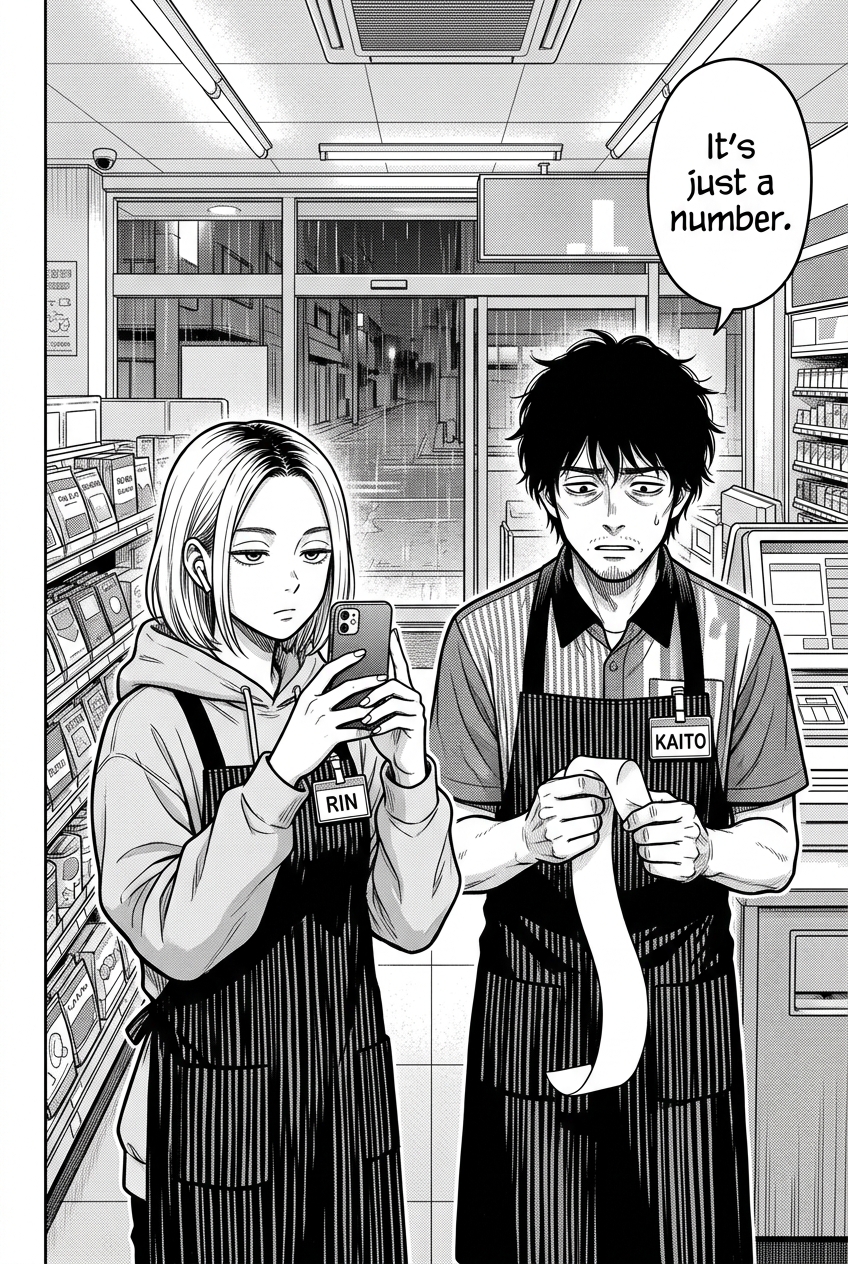 Rin stands unbothered beside Kaito, still filming on her phone. Kaito clenches the blank receipt with quiet desperation.