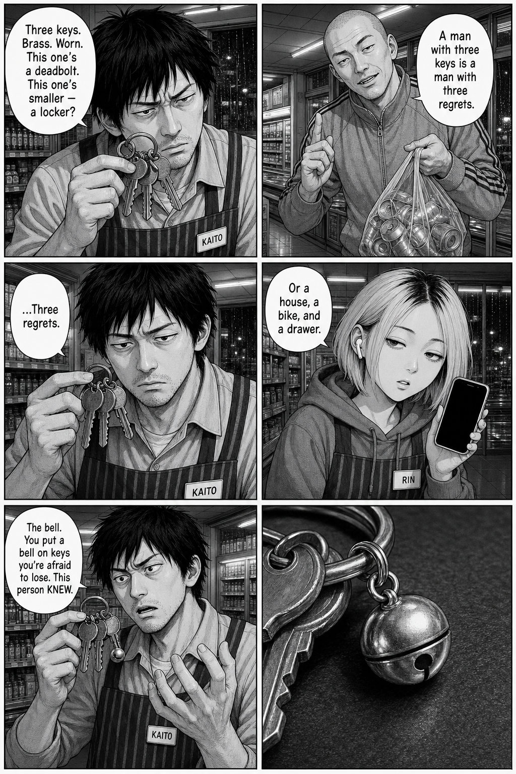 Six panels: Kaito examines the three brass keys like a detective; the shaved-headed tracksuit regular offers that a man with three keys is a man with three regrets; Kaito repeats it seriously; Rin counters it's a house, a bike, and a drawer; Kaito fixates on the little bell, insisting the owner knew to guard them; a silent close-up of the bell charm.
