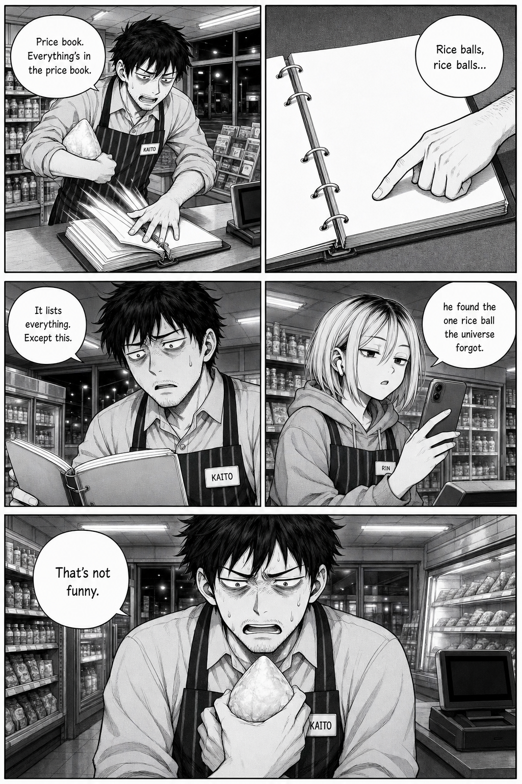 Kaito flips through a blank price binder and can't find the rice ball anywhere; Rin narrates the moment to her stream.
