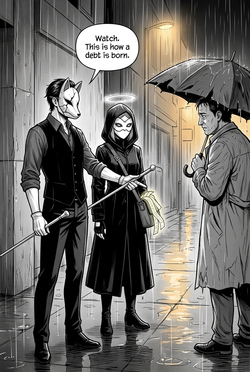 The fox-visored man gestures with his cane toward a guilty-looking man under an umbrella across the wet street, while the masked courier follows his gaze.