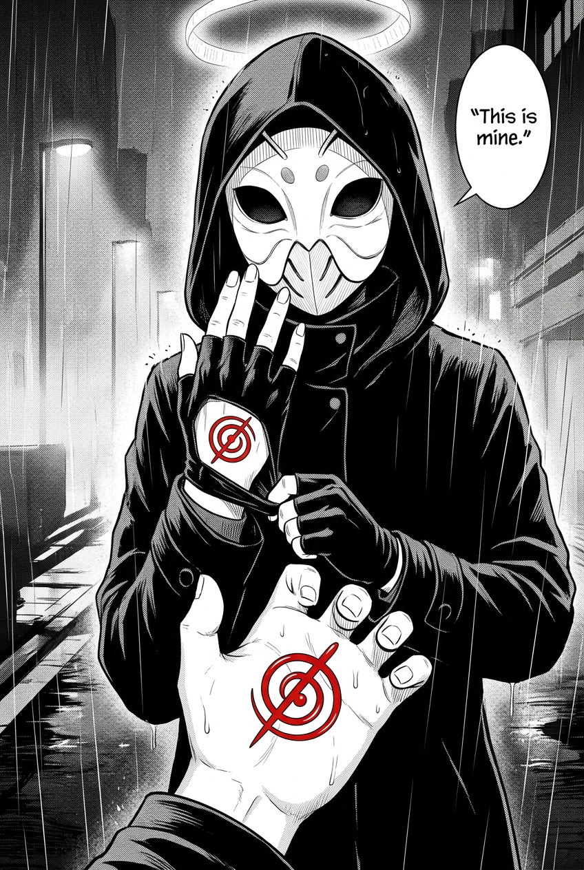 The courier peels back her glove to reveal the same red spiral-and-slash glyph branded into the skin on the back of her own hand; her posture stiff with horror.