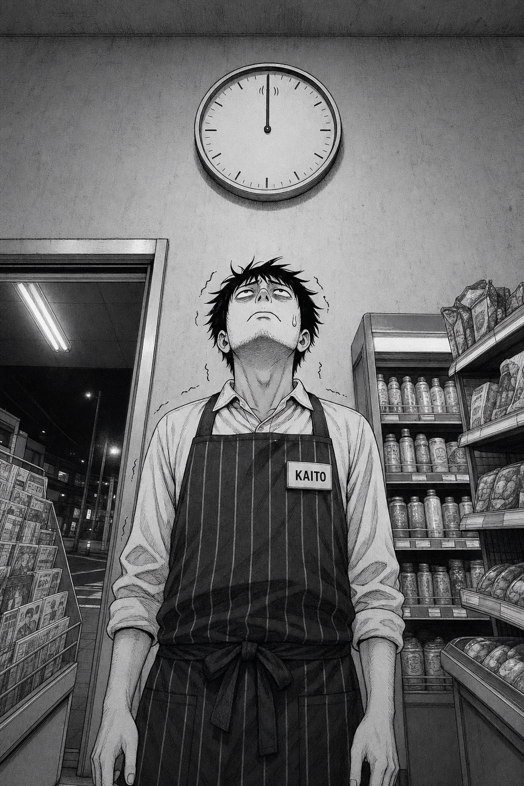 The same low-angle shot a third time: Kaito stares up at the frozen clock in full comedic despair, trembling, a big bead of sweat. No dialogue.