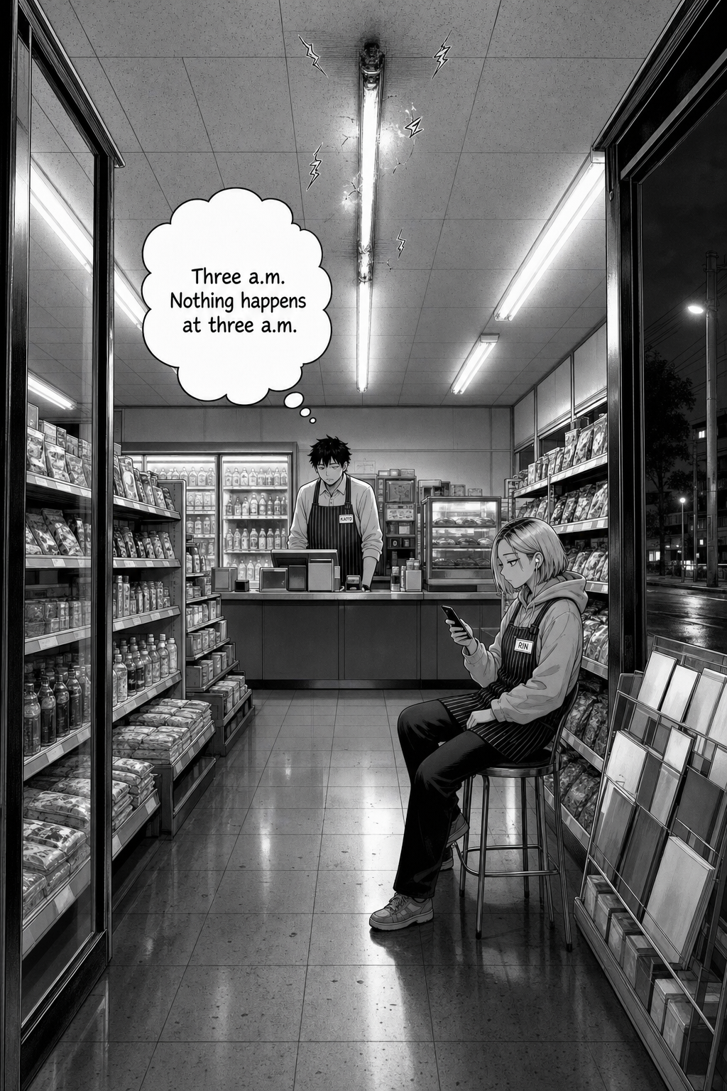 Wide night view down a convenience-store aisle; Kaito behind the register, Rin on a stool with her phone, one ceiling tube faintly flickering.