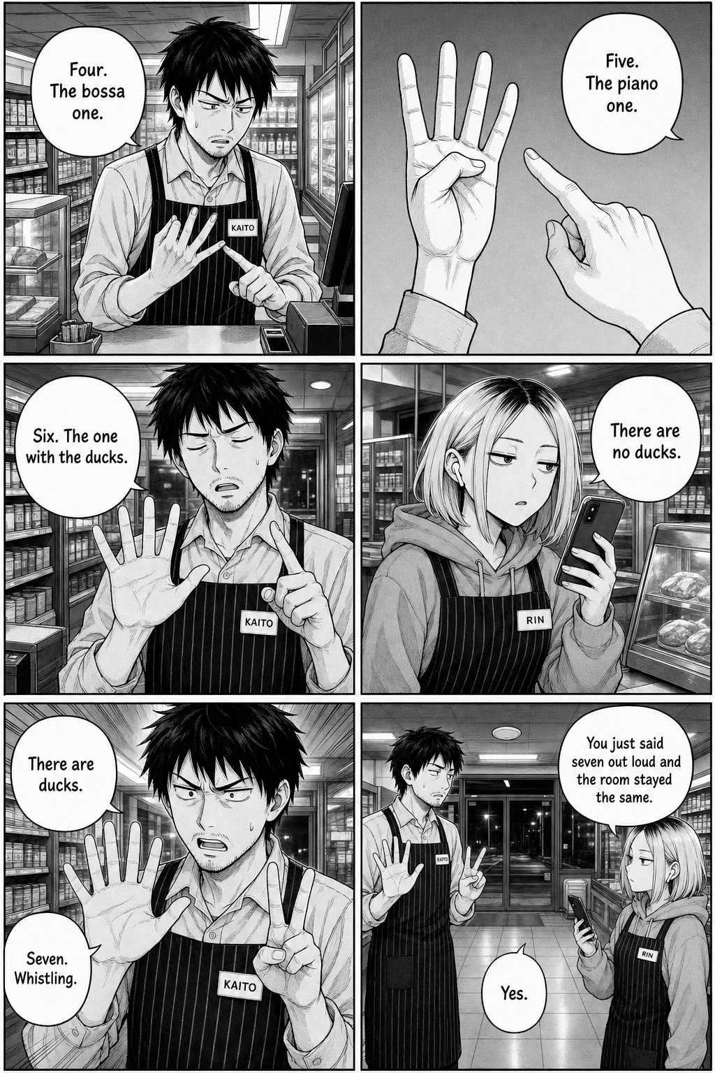 Six panels. Kaito counts the loop out on his fingers to prove track seven exists, reaches seven, and nothing happens.