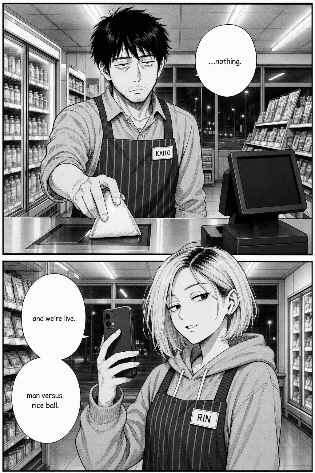 Dead-eyed, Kaito holds the rice ball flat over the scanner and nothing happens; Rin raises her phone and starts filming.