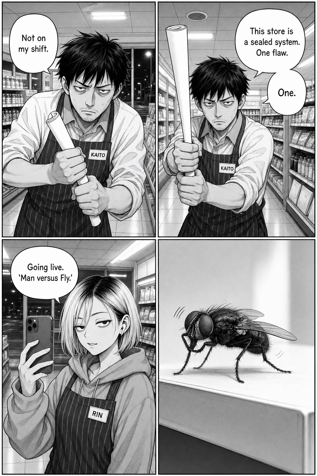 Kaito rolls a blank flyer into a baton and brandishes it like a sword; Rin raises her phone to film. A close-up shows the fly grooming on a shelf.