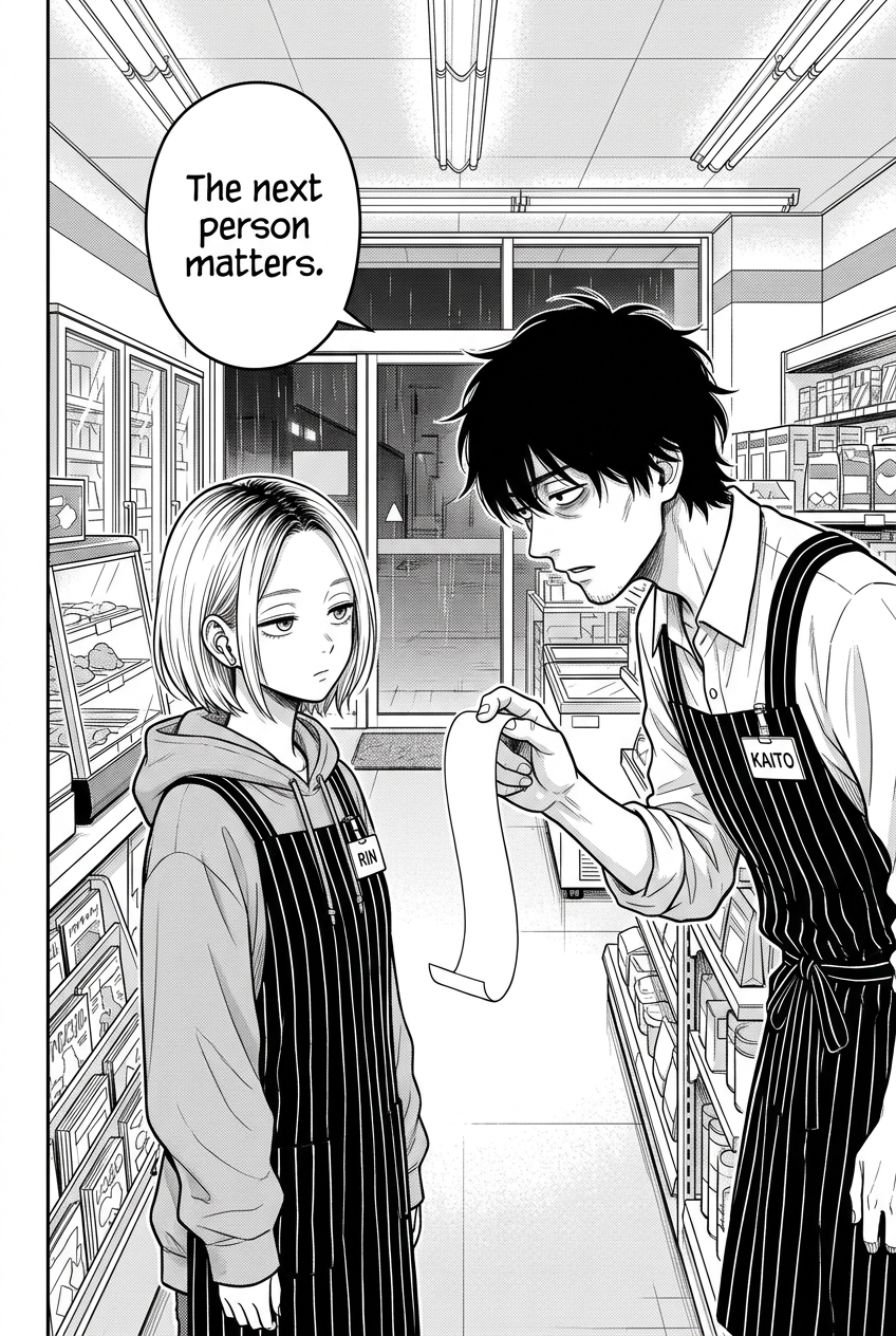 Kaito leans toward Rin with grave seriousness, still holding the receipt. Rin, a small teenager in a hoodie under her apron with a RIN name tag and one earbud in, stands unbothered, filming him on her phone.