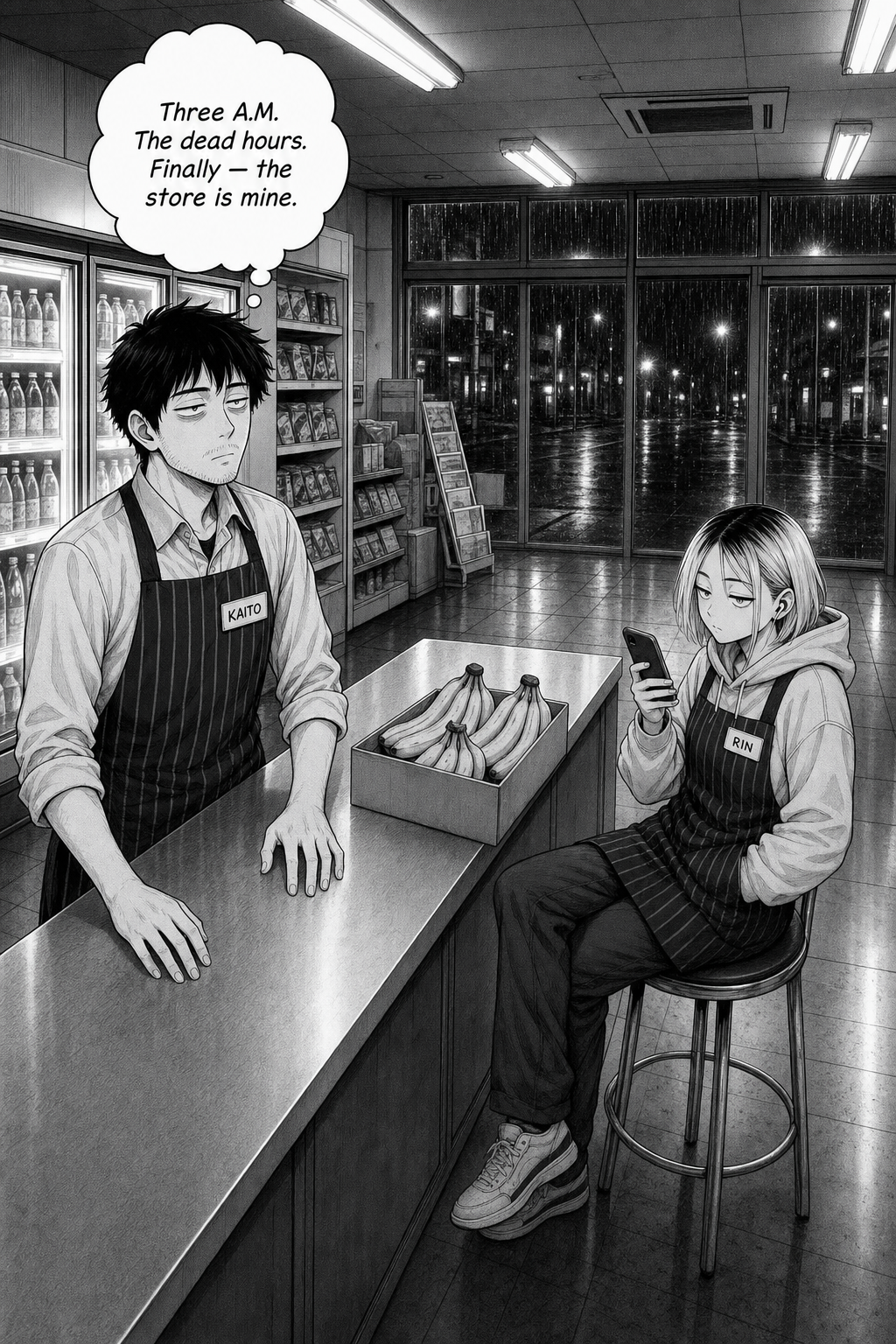 Wide night shot of a 24-hour convenience store; Kaito stands behind the register, Rin sits on a stool with her phone, and a full crate of bananas rests on the counter.